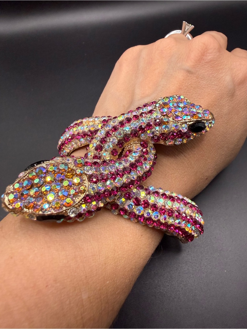 Multicolor Crystal Rhinestone Two Headed Snake Hinged Gold Tone Cuff Bracelet